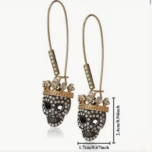 Gothic Crowned Skull Pave Crystal Drop Earrings - Picture 3 of 9